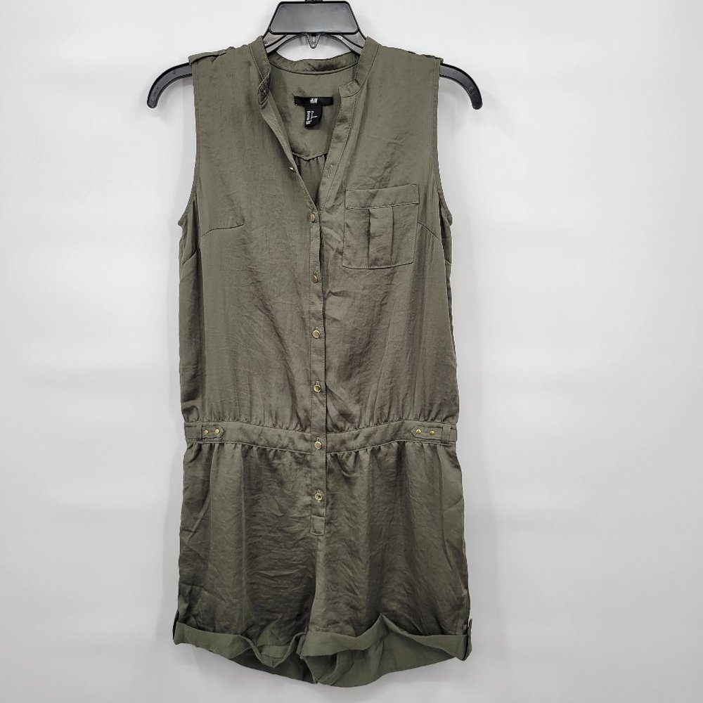 H&M Women Green Button-down Collarless Sleeveless Romper Shorts Size 6